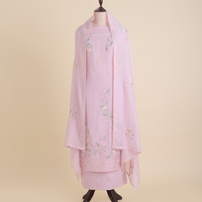 Pink Fine Chanderi Thread Embroidered Suit Set