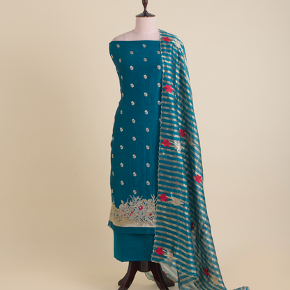 Peacock Blue Fine Chanderi Thread Embroidered Kurta Set