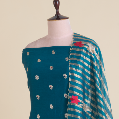 Peacock Blue Fine Chanderi Thread Embroidered Kurta Set