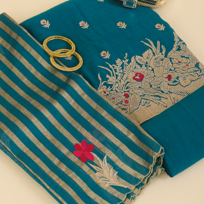 Peacock Blue Fine Chanderi Thread Embroidered Kurta Set