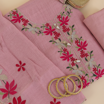 Pink Fine Chanderi Thread & Zari Embroidered Suit
