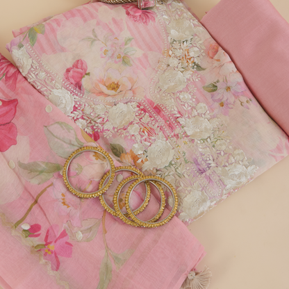 Peach Fine Chanderi Printed Suit with Resham Embroidered Neck