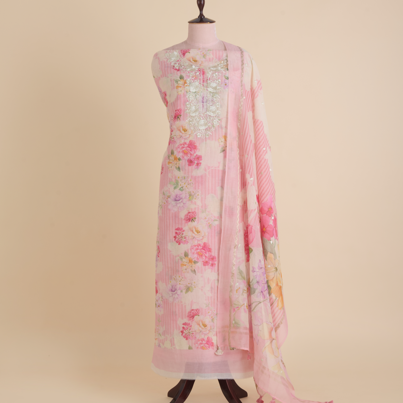 Peach Fine Chanderi Printed Suit with Resham Embroidered Neck