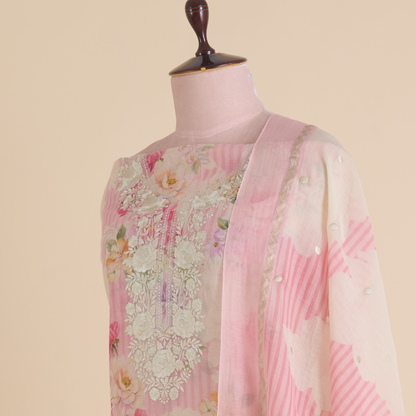 Peach Fine Chanderi Printed Suit with Resham Embroidered Neck