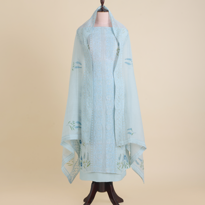 Powder Blue Fine Chanderi Printed Embroidered Suit Set