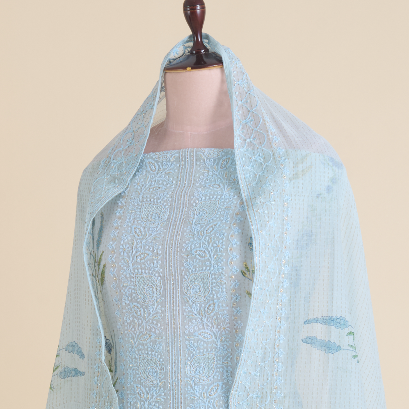 Powder Blue Fine Chanderi Printed Embroidered Suit Set