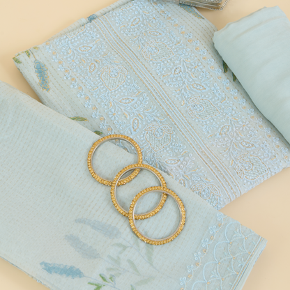 Powder Blue Fine Chanderi Printed Embroidered Suit Set