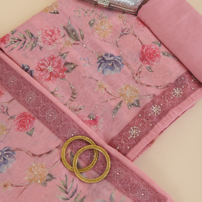 Peach Fine Chanderi Printed Suit with Cut-Dana Highlight Work