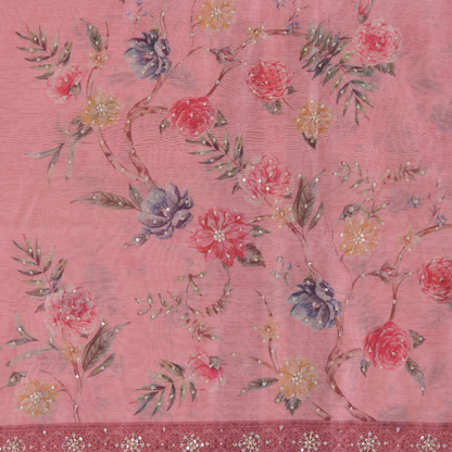 Peach Fine Chanderi Printed Suit with Cut-Dana Highlight Work