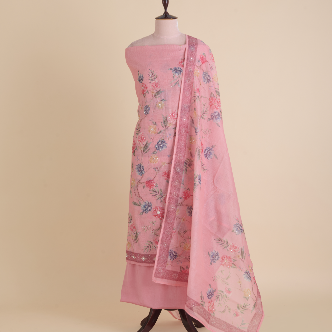 Peach Fine Chanderi Printed Suit with Cut-Dana Highlight Work