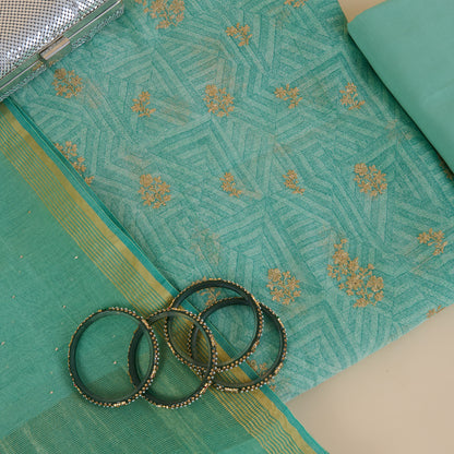 Sea Green Fine Chanderi Printed Kurta with Zari Buti & Badla Dupatta