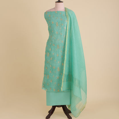 Sea Green Fine Chanderi Printed Kurta with Zari Buti & Badla Dupatta