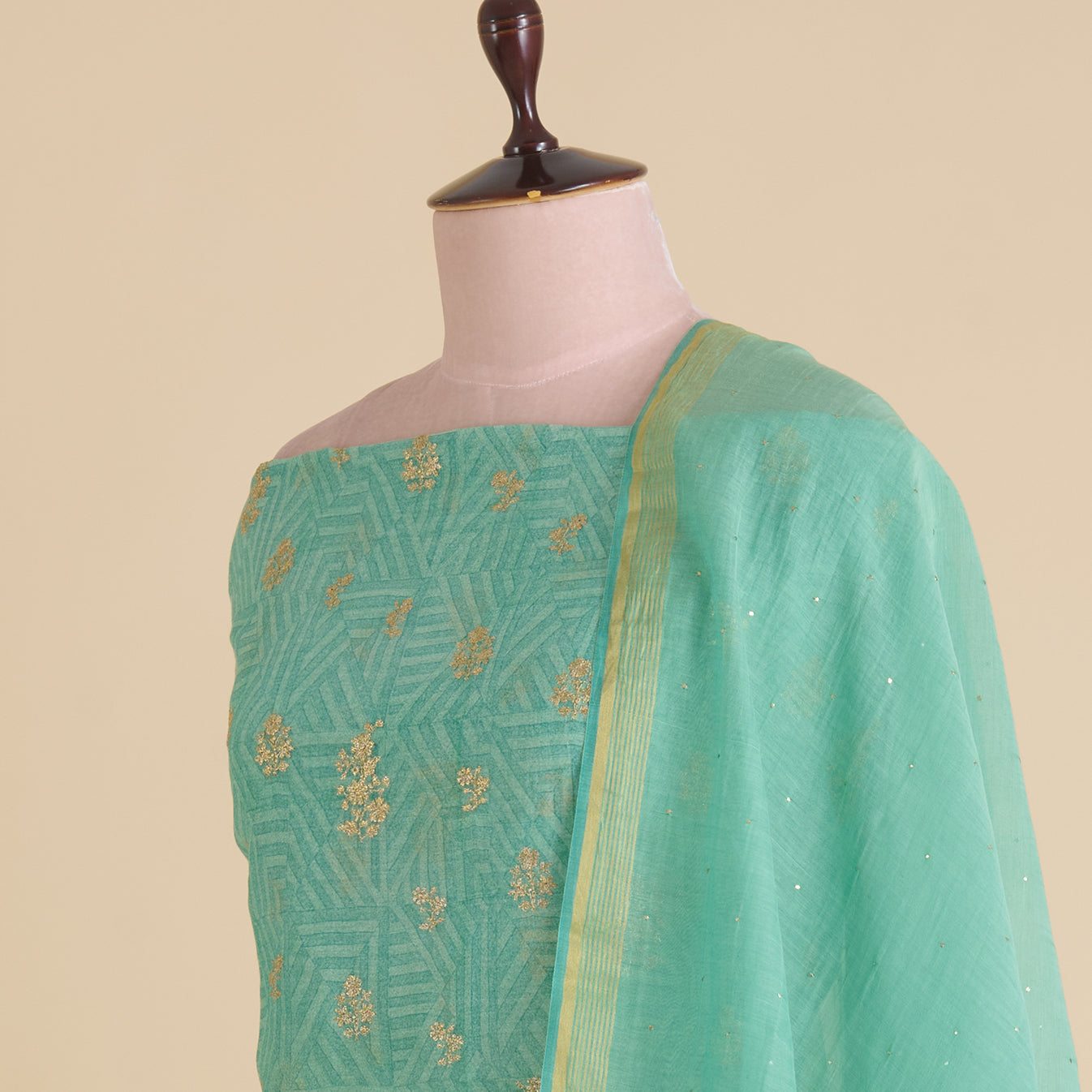 Sea Green Fine Chanderi Printed Kurta with Zari Buti & Badla Dupatta
