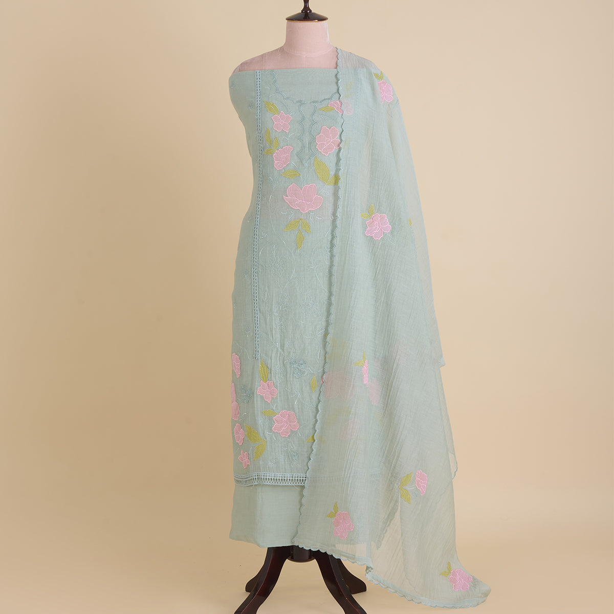 Sea Green Fine Chanderi Thread & Sequin Embroidered Kurta Set