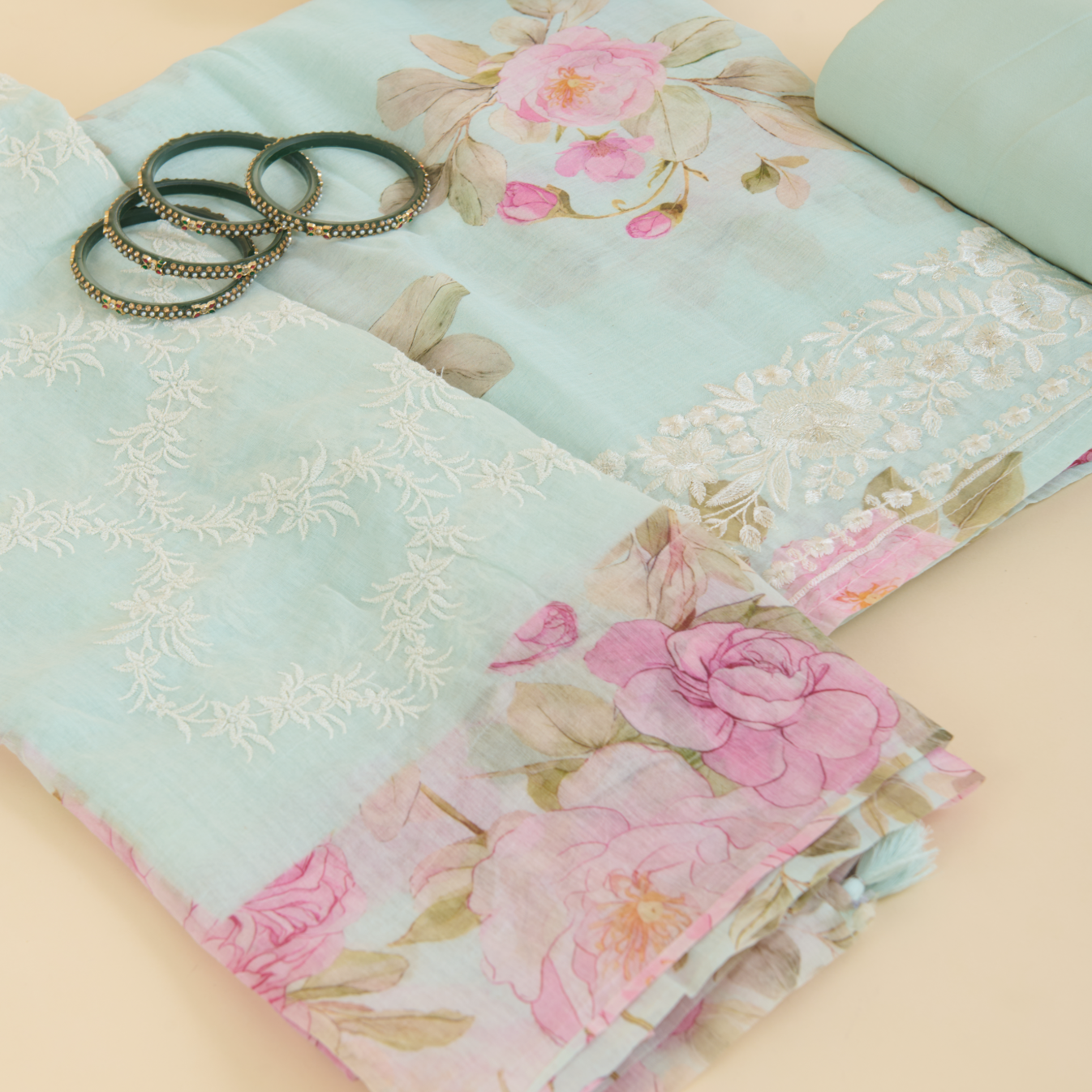 Sea Green Fine Chanderi Thread & Zari Embroidered Suit