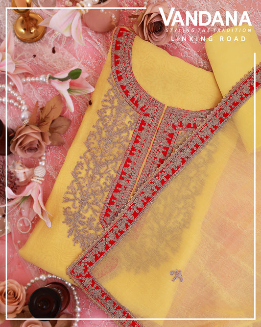 Yellow Fine Chanderi Suit with Dori Patch Work Embroidery & Dupatta