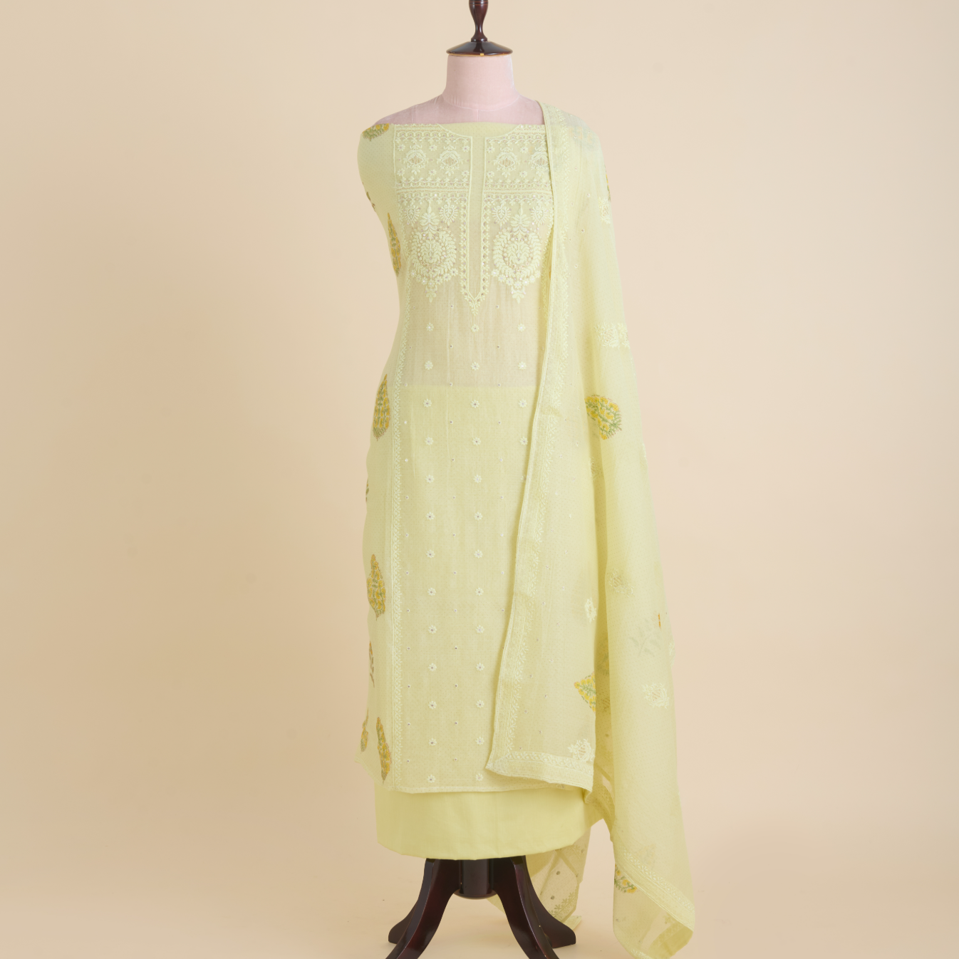 Yellow Fine Chanderi Printed Thread & Sequin Embroidered Suit