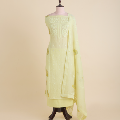 Yellow Fine Chanderi Printed Thread & Sequin Embroidered Suit