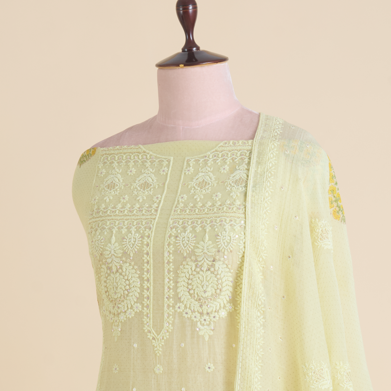 Yellow Fine Chanderi Printed Thread & Sequin Embroidered Suit