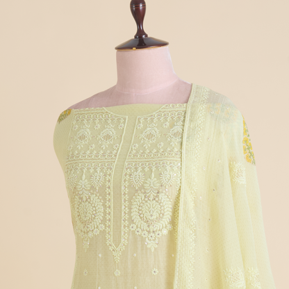 Yellow Fine Chanderi Printed Thread & Sequin Embroidered Suit