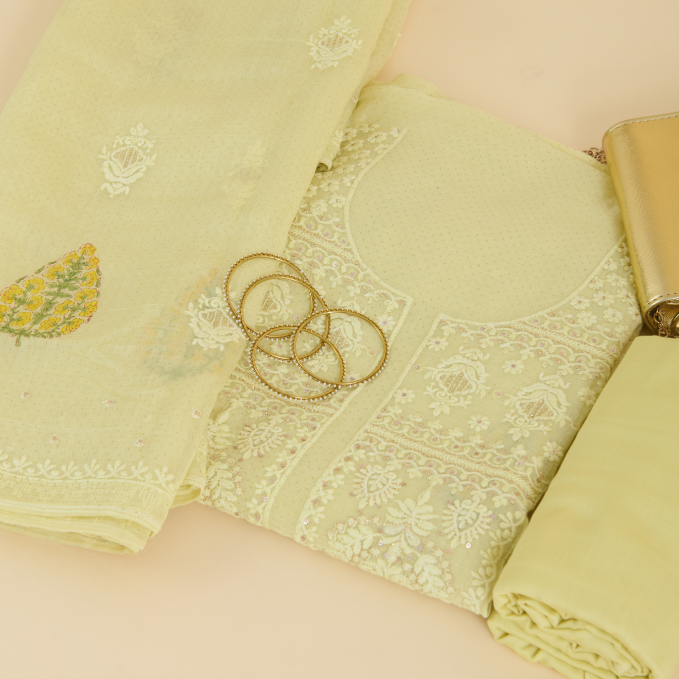 Yellow Fine Chanderi Printed Thread & Sequin Embroidered Suit
