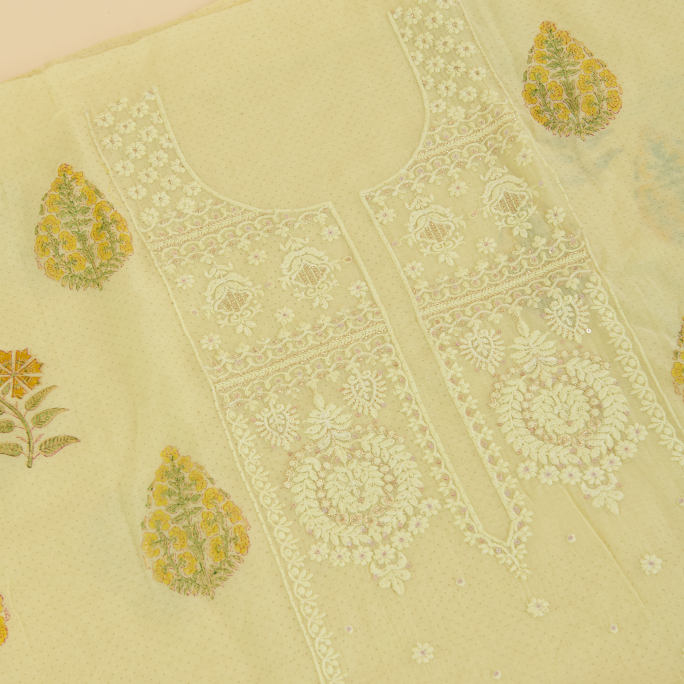 Yellow Fine Chanderi Printed Thread & Sequin Embroidered Suit