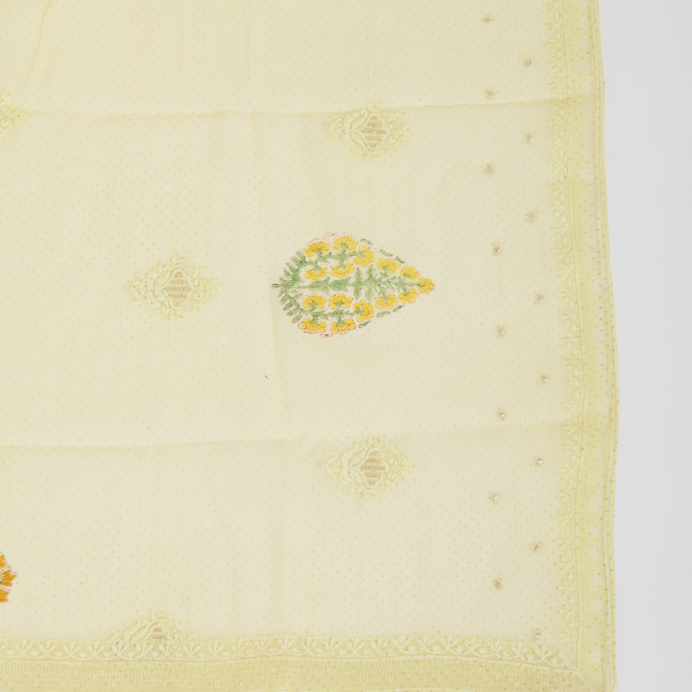 Yellow Fine Chanderi Printed Thread & Sequin Embroidered Suit