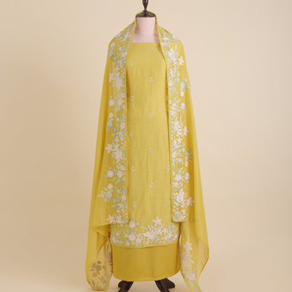 Yellow Fine Chanderi Thread Embroidered Suit with Butti