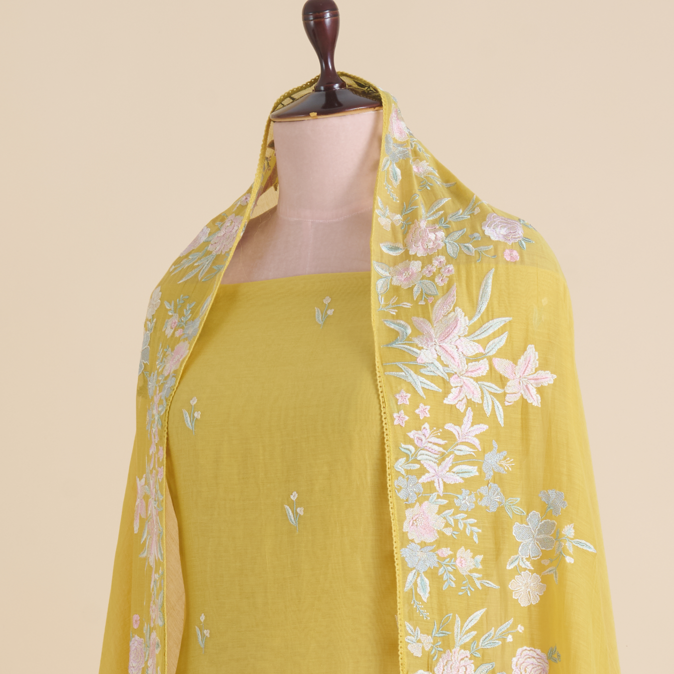 Yellow Fine Chanderi Thread Embroidered Suit with Butti