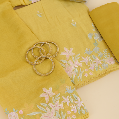 Yellow Fine Chanderi Thread Embroidered Suit with Butti