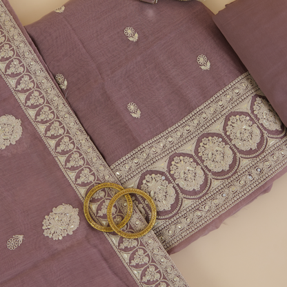Dusty Mauve Fine Chanderi Resham Dori Zari Badla Suit