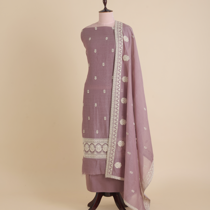 Dusty Mauve Fine Chanderi Resham Dori Zari Badla Suit