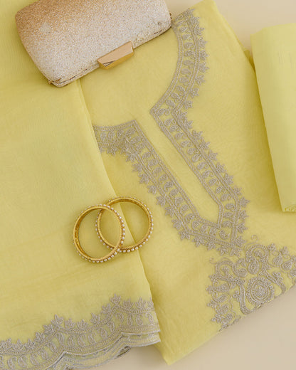 Yellow Mal Chanderi Kurta Set with Dori Work & Matching Dupatta