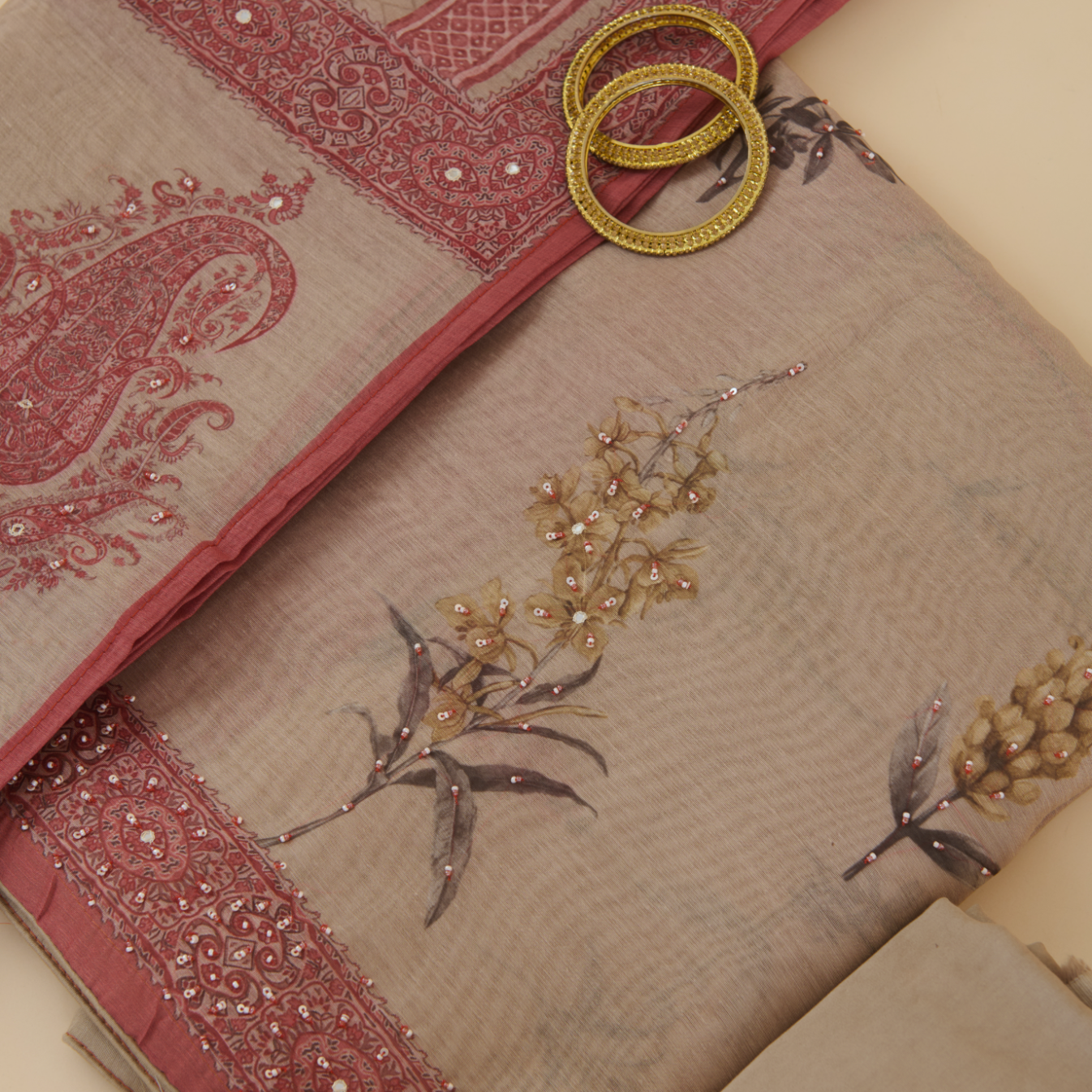 Beige Fine Chanderi Printed Suit with Pearl & Sequin Highlights