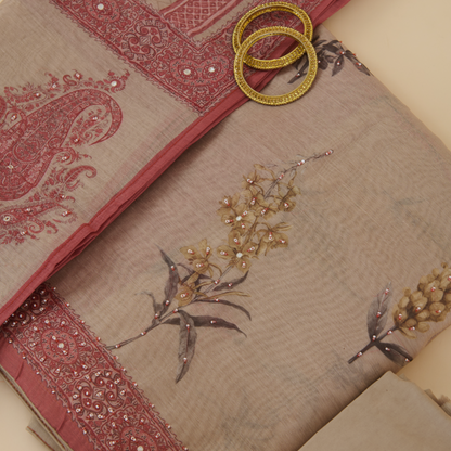 Beige Fine Chanderi Printed Suit with Pearl & Sequin Highlights