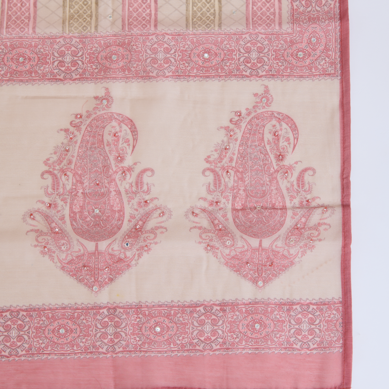 Beige Fine Chanderi Printed Suit with Pearl & Sequin Highlights