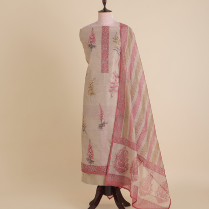 Beige Fine Chanderi Printed Suit with Pearl & Sequin Highlights