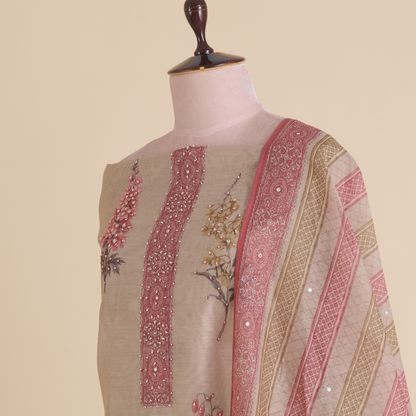 Beige Fine Chanderi Printed Suit with Pearl & Sequin Highlights
