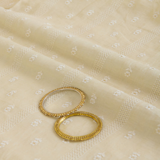 Beige Gauze Linen Resham Sequin Embroidery Stripes Buti Fabric