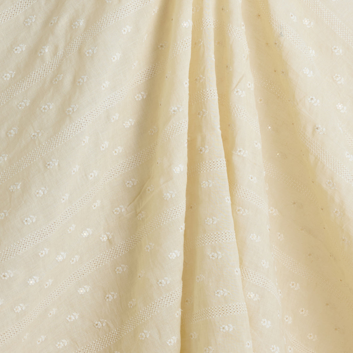 Beige Gauze Linen Resham Sequin Embroidery Stripes Buti Fabric