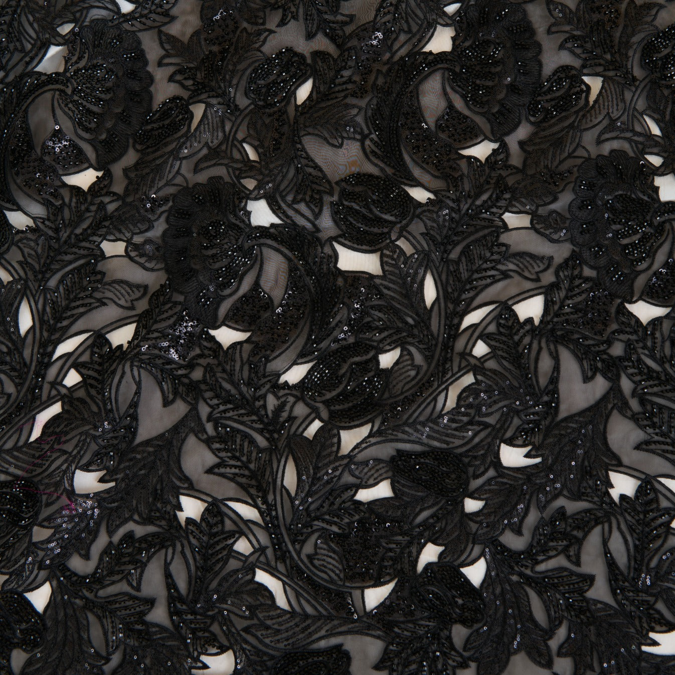Black Glass Tissue Cut-Work Jaal with Cut-Dana Sequin Embroidery Fabric