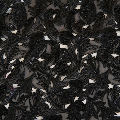 Black Glass Tissue Cut-Work Jaal with Cut-Dana Sequin Embroidery Fabric