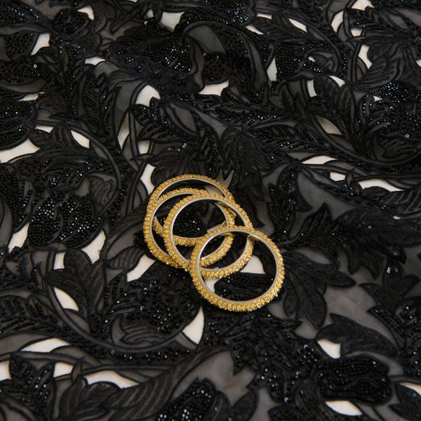 Black Glass Tissue Cut-Work Jaal with Cut-Dana Sequin Embroidery Fabric