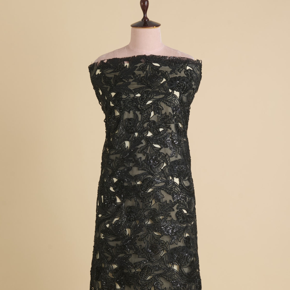 Black Glass Tissue Cut-Work Jaal with Cut-Dana Sequin Embroidery Fabric