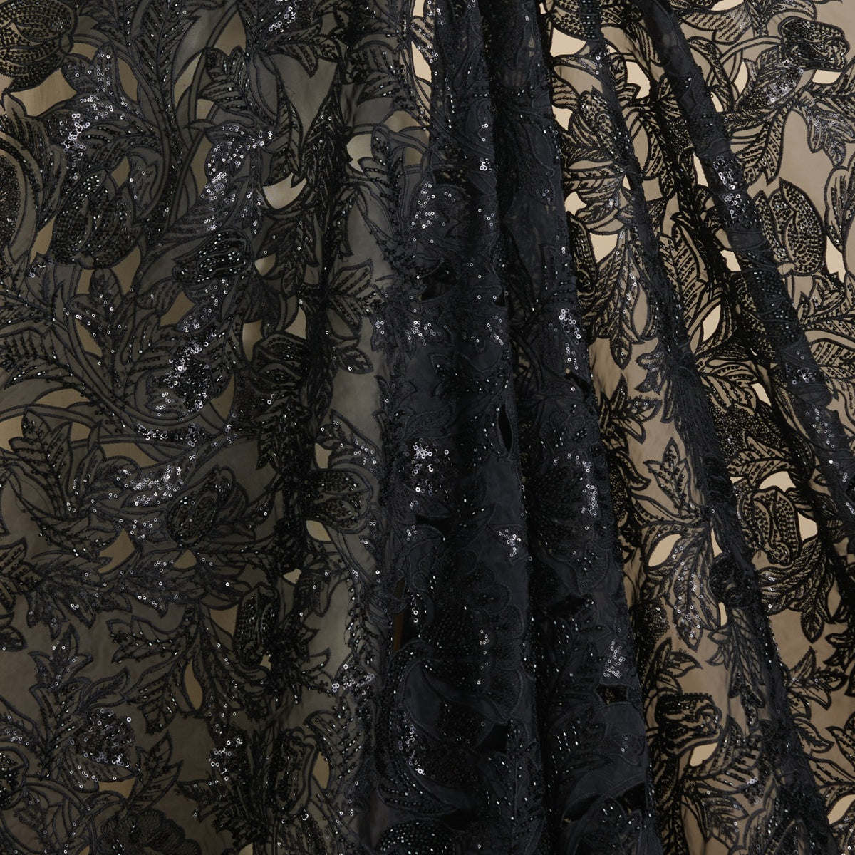 Black Glass Tissue Cut-Work Jaal with Cut-Dana Sequin Embroidery Fabric
