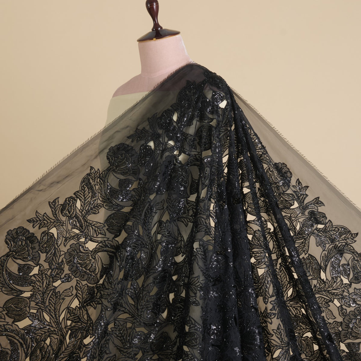 Black Glass Tissue Cut-Work Jaal with Cut-Dana Sequin Embroidery Fabric