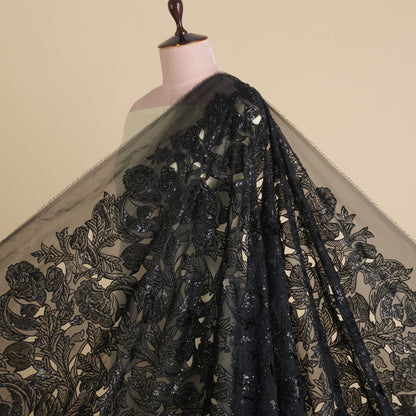 Black Glass Tissue Cut-Work Jaal with Cut-Dana Sequin Embroidery Fabric