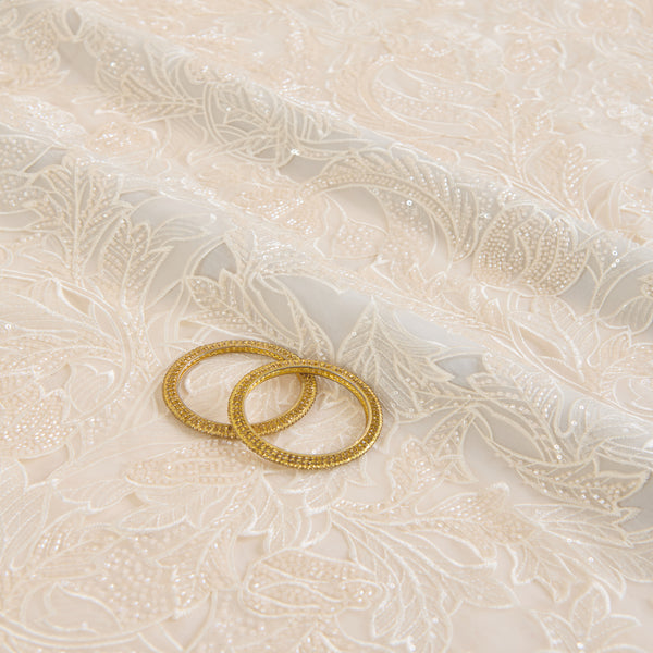 Cream Glass Tissue Cut-Work Jaal with Cut-Dana Sequin Embroidery Fabric