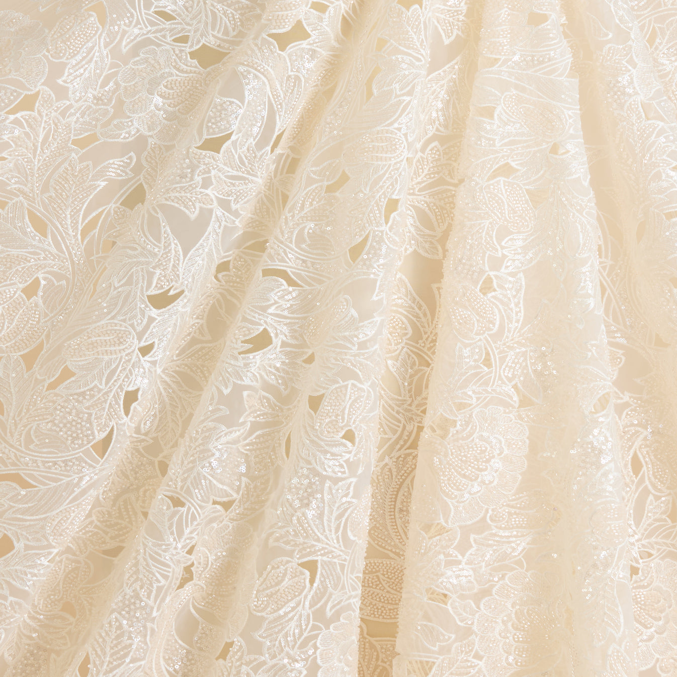 Cream Glass Tissue Cut-Work Jaal with Cut-Dana Sequin Embroidery Fabric