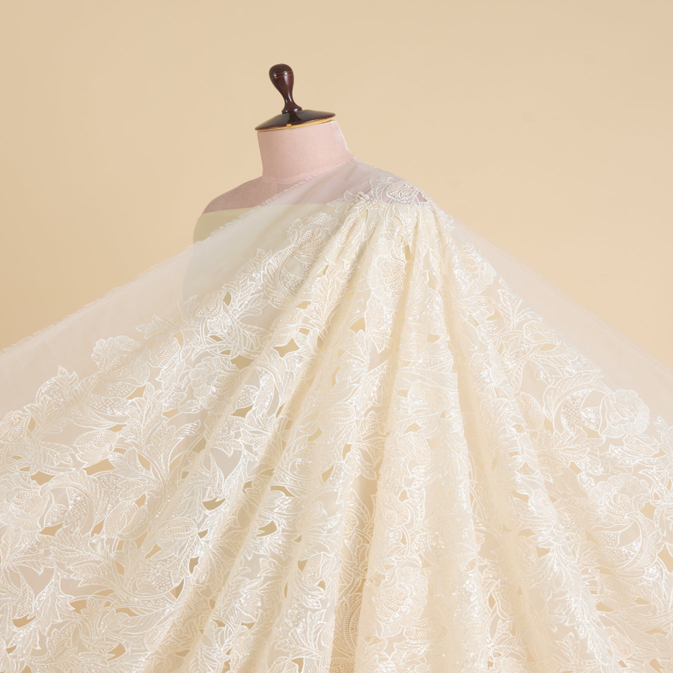 Cream Glass Tissue Cut-Work Jaal with Cut-Dana Sequin Embroidery Fabric